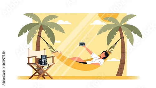 Woman Relaxing In Hammock Under Palm Trees Taking Selfies With Classic Camera