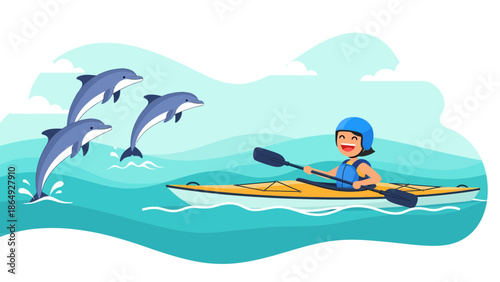 Woman Kayaking Enjoying The Sight Of Jumping Dolphins In The Ocean Adventure