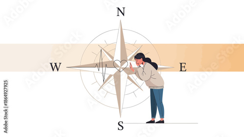 Woman Seeking Emotional Direction Guided By Heart Compass And Navigation