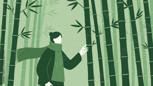 Woman In Green Amidst Bamboo Grove Touching The Bamboo Stalk With Her Hand