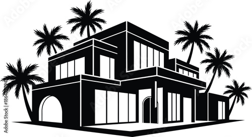 Modern luxury villa silhouette with palm trees and large windows for real estate marketing and architectural design projects on white background.