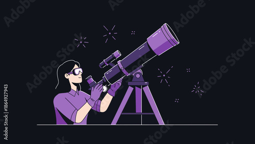 Woman Looking Through Telescope Seeking New Discoveries In Outer Space