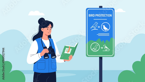 Woman Learning About Birdlife And Conservation In Nature With Binoculars And Field Guide