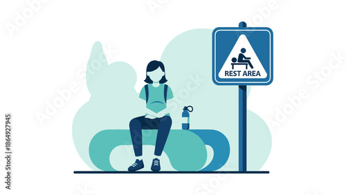 Woman Resting At Roadside Relaxing Place With Comfortable Bench