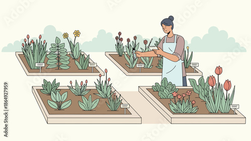 Woman In A Botanical Garden Analyzing The Growth Of Plants And Taking Notes