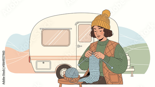 Woman Knitting In Front Of Her Camper On A Quiet Holiday Getaway
