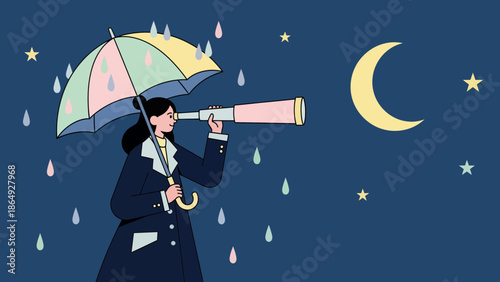 Woman Looking Through Telescope Under Umbrella During Rainy Starry Night