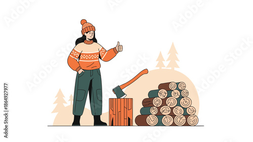 Woman Showing Thumbs Up With Pile Of Logs At Outdoor And Axe