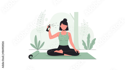 Woman Meditating On Yoga Mat And Spraying Aromatic Air Freshener In A Peaceful Setting