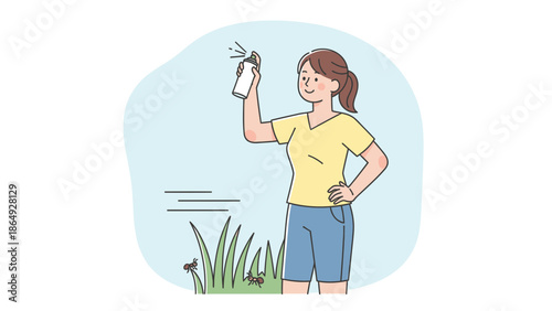 Woman Spraying Insect Repellent For Outdoor Activities In Summer Illustration