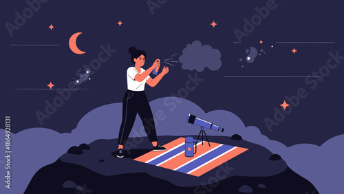 Woman Spraying Bug Repellent While Stargazing With Telescope At Night