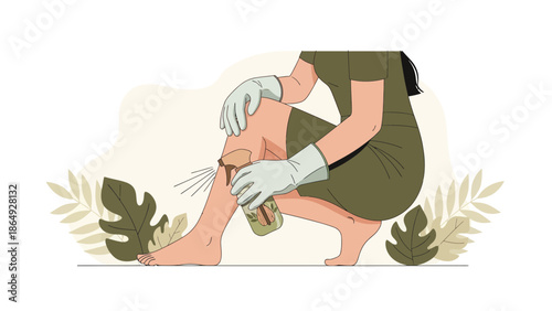 Woman Spraying Natural Insect Repellent on Leg for Mosquito Bite Protection