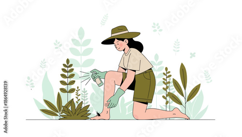 Woman Spraying Insect Repellent to Avoid Bug Bites in Green Foliage