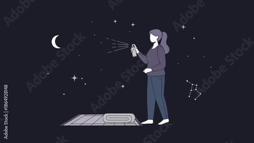 Woman Sprays Room Fragrance Underneath Night Stars And Crescent Moon