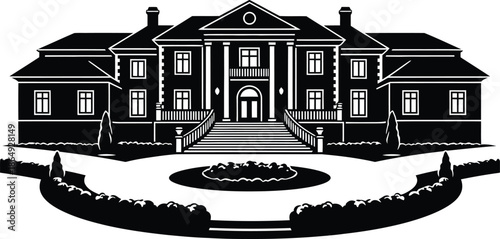 Grand neoclassical luxury mansion with stately columns and circular driveway garden landscape illustration in black and white vector style.