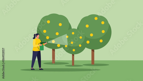 Woman Spraying Pesticide on Orchard Trees for Pest Control Protection