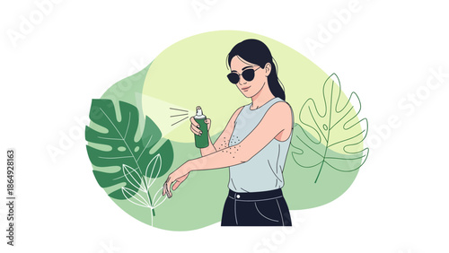 Woman Sprays Insect Repellent During Outdoor Activity In Tropical Area