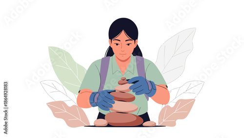 Woman Stacking Stones to Create Stone Tower Balance for Meditation and Relax