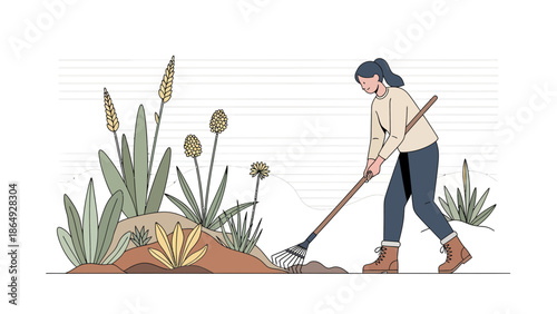 Woman Tending Garden With Rake Outdoor Activities And Relaxing In Nature