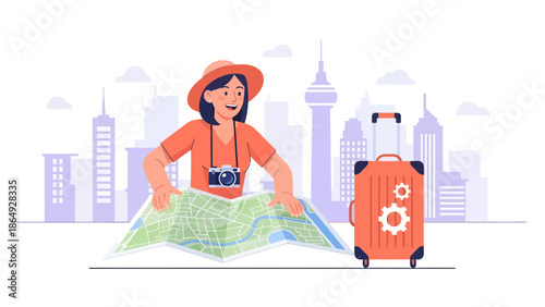 Woman Tourist Planning Her Vacation With A City Map And Luggage Ready