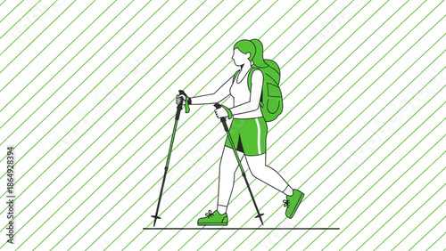 Woman Trekking Adventure Vector Graphic Hiking On A Path With Trekking Poles