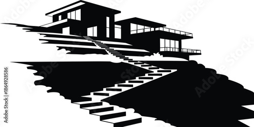 Black and white vector illustration of a modern minimalist luxury villa on a hillside featuring a long winding staircase and terraces.