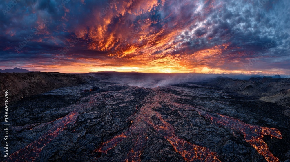Fototapeta premium Dramatic aerial view of flowing molten rock amidst barren land, under a vibrant, fiery sunset sky