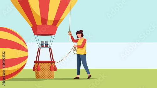 Woman Preparing Colorful Hot Air Balloon Ride For Adventure Travel Experience