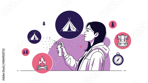 Woman Preparing For Adventure Camping By Using Insect Repellent With Camping Icons