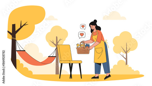 Woman Preparing Picnic Basket Outdoors For Relaxing Weekend Scene Illustration