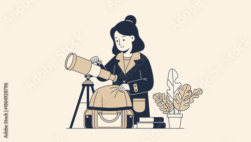 Woman Preparing Telescope For Astronomical Observation And Scientific Discovery