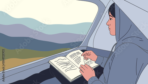 Woman Reading Book And Looking Through The Window During Road Trip
