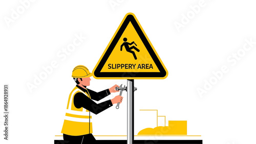 Worker Installing Slippery Area Warning Sign For Safety Awareness in Workplace