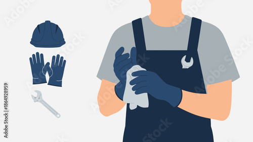 Worker Preparing For Job Cleaning Hands In Protective Uniform Outfit And Tools