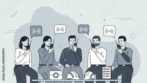 Workers Communicating With Radios Holding Meeting On Safety Procedures And Protocols