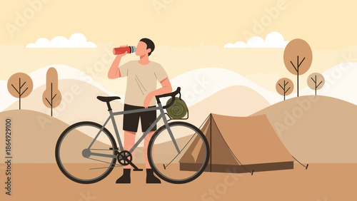 Young Adventurer Cycling Trip and Resting in Tent in the Desert Sand Landscape