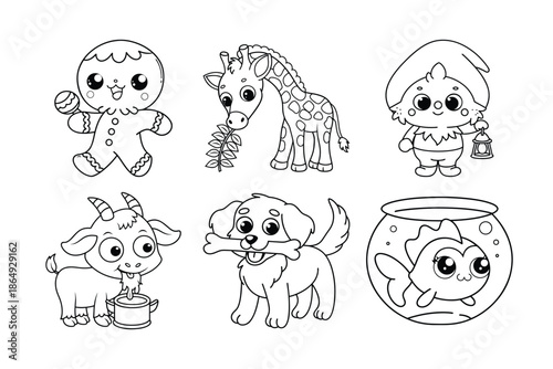 Adorable Animal Illustrations Set, Kawaii Giraffe, Puppy, Fish, Goat, And Gingerbread Coloring Pages