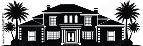 Vector silhouette of a luxury tropical mansion with palm trees and a grand symmetrical facade for real estate and architectural design projects.