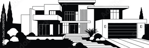 Minimalist vector illustration of a modern luxury villa featuring contemporary architecture with a large garage and landscaped garden area.