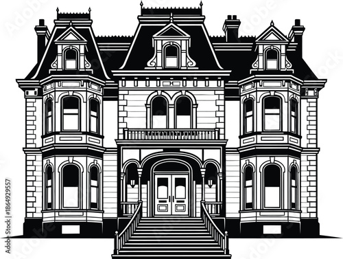 Architectural vector drawing of a luxury historic manor house featuring a classic facade and ornate rooftop details for graphic design use.