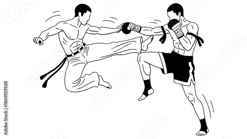 muay thai vs capoeira fight, silhouette, flat design, isolated on white.