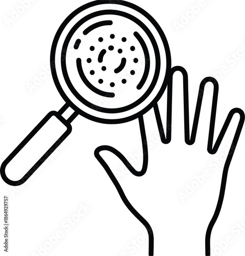 Hand fingerprint scanning icon, biometric security concept, identity verification symbol, magnifying glass inspection, digital authentication illustration, privacy protection technology,