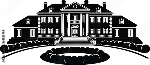 Black and white vector illustration of a large luxury mansion estate with classic columns and a garden driveway in silhouette style.