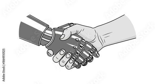 Human hand and robotic arm shaking in agreement, symbolizing future technology collaboration.