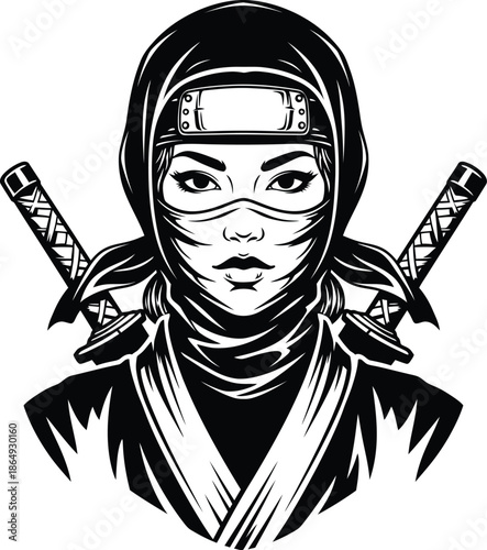 Vector illustration of a female ninja face wearing a mask and headband with crossed swords behind her back.