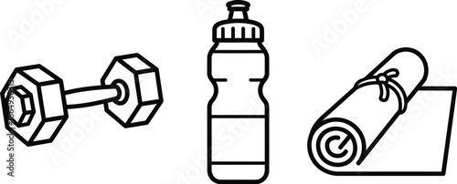 Essential workout gear including a dumbbell, water bottle, and rolled yoga mat for fitness.