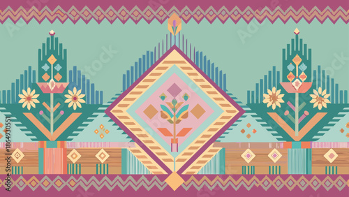 Vector textile design inspired by Southern Thailand culture, pastel tones, seamless woven pattern.