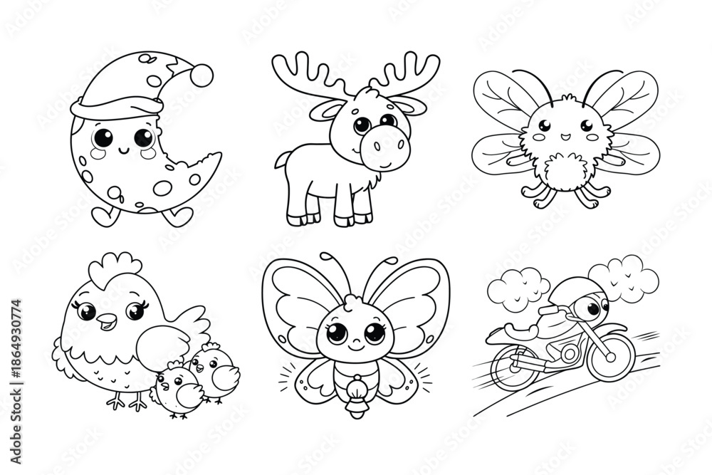 Fototapeta premium Adorable Kawaii Animals Collection Featuring Deer, Butterfly, And Motorbike Line Art For Childrens Designs
