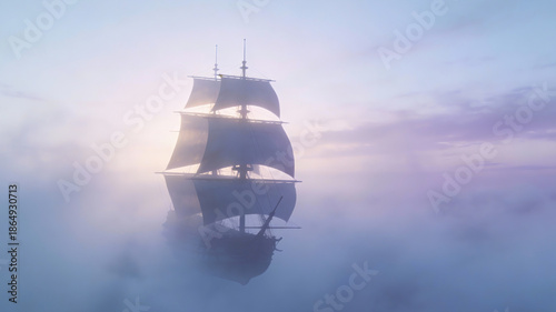a flying sailing ship navigating through a vast sky city