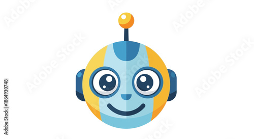 Friendly cartoon robot character with big blue eyes and a cheerful smile